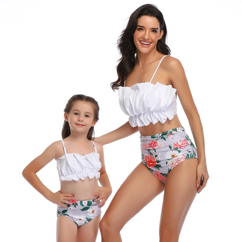 

Mother Daughter Swimsuit Ruffled High Waist Matching Swimwear Mommy and Me Clothes Family Look Mom and Baby Women Girls Bikini