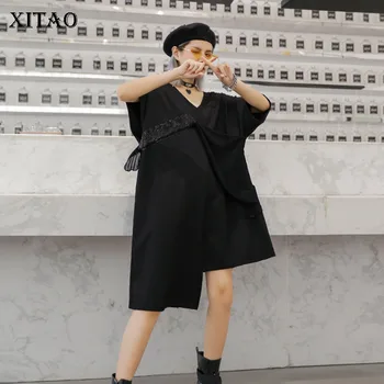 

XITAO Sequin Irregular Midi Dress Women Korea Fashion 2019 Summer O Neck Patchwork Mesh Vintage Elegant Pullover New GCC3413