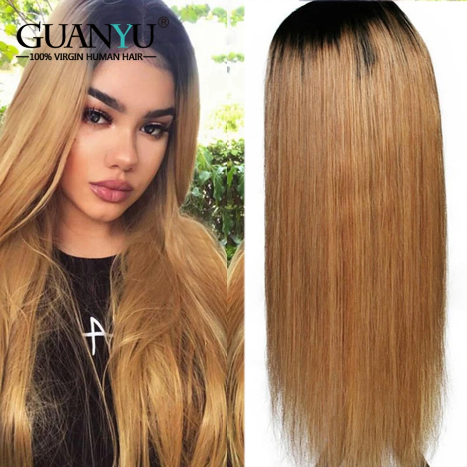 Blonde Lace Front Human Hair Wigs 13*4 Brazilian Remy Straight Ombre Honey Blonde Brown Red Burgundy Colored Wigs 150% Density - Цвет: 1B30