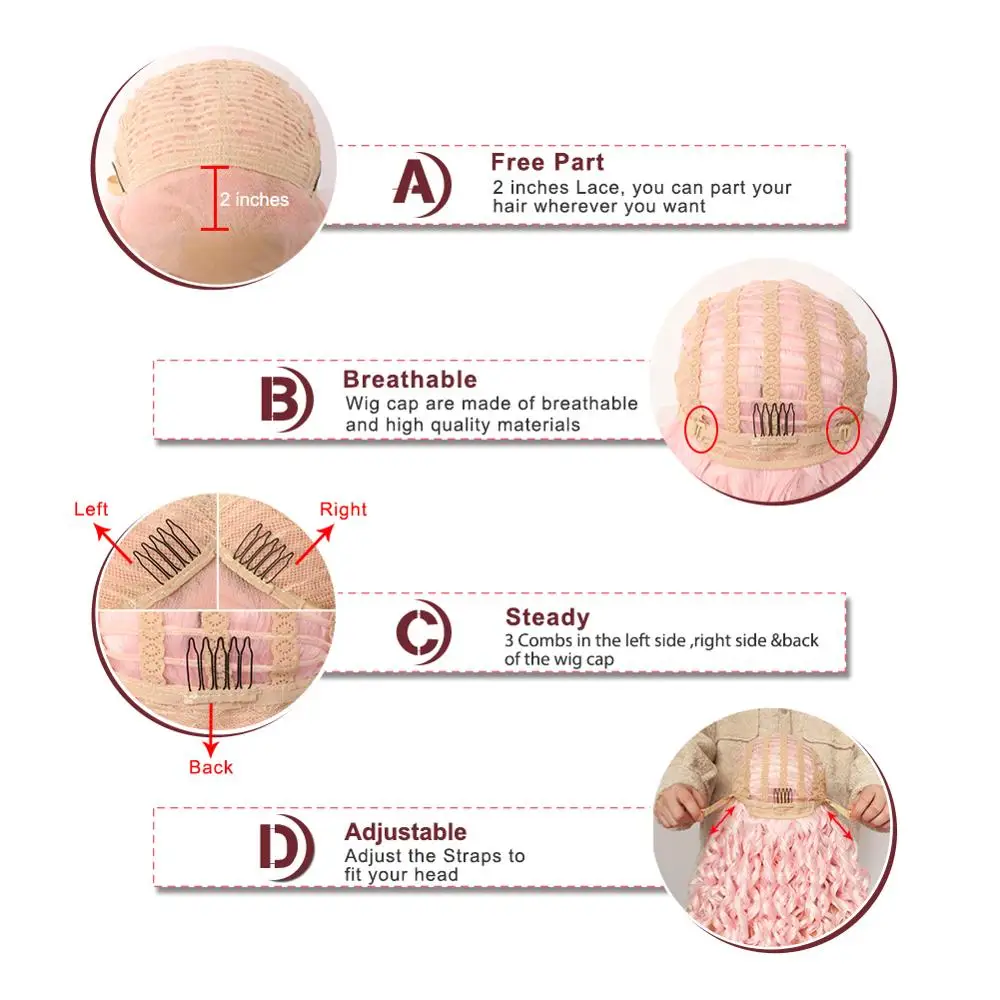 Anogol Розовый Синтетический кружевной передний парик с свободной частью афро