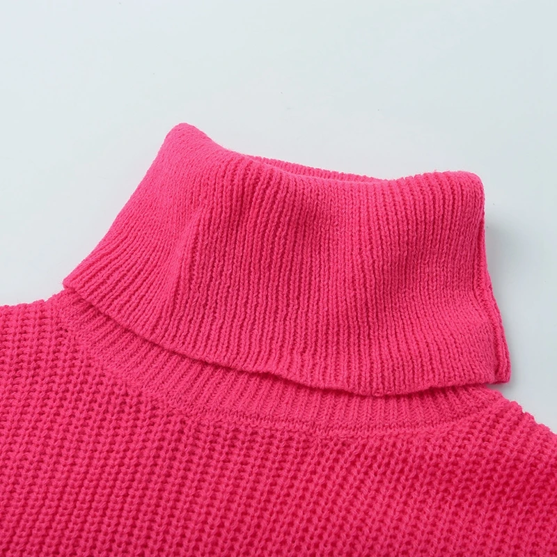 Осенне-зимние свитера с высоким воротником для женщин, неоновые свободные вязаные пуловеры с длинным рукавом, повседневные ярко-розовые длинные свитера больших размеров