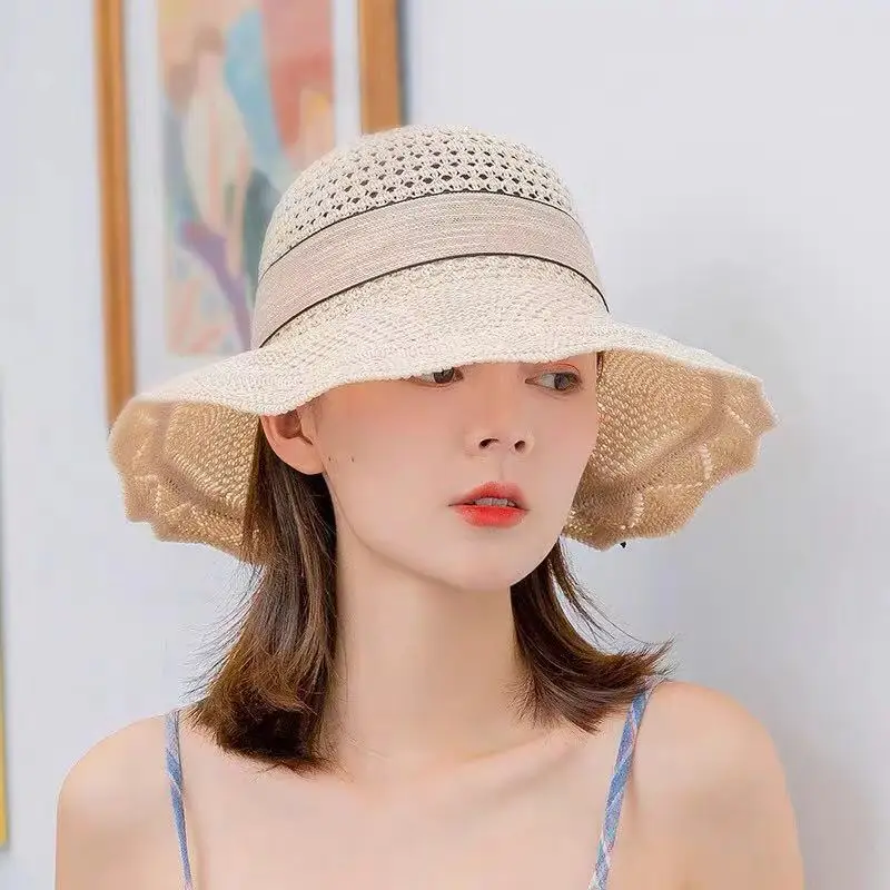 Cappello in cotone alla moda, cappello da spiaggia a tesa larga con corda  antivento, cappello da pescatore pieghevole per donne eleganti con fiocco -  AliExpress Apparel Accessories