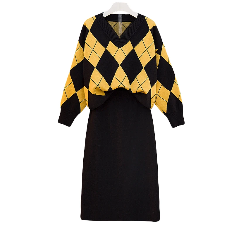 

New Winter Loose Sweater Knitting Languid Knitted Black Skirt Thickening Pullover Top Skirts Two Pcs Clothing Set Outfit Vestido