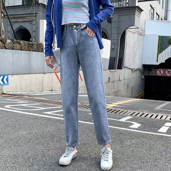 

2020 Vintage Jeans Women High Waist Blue Harem Denim Pants Korean Style White Ankle-Length Pants Streetwear