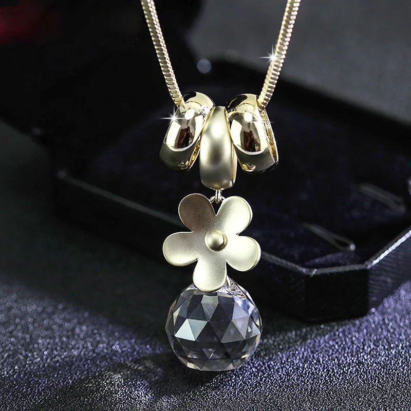 

Long Snake Chain Woman's Vintage Sweater Chain Gold Daisy Flower Crystal Ball Pendant Necklace For Women Collar Mujer CH19Nk9022