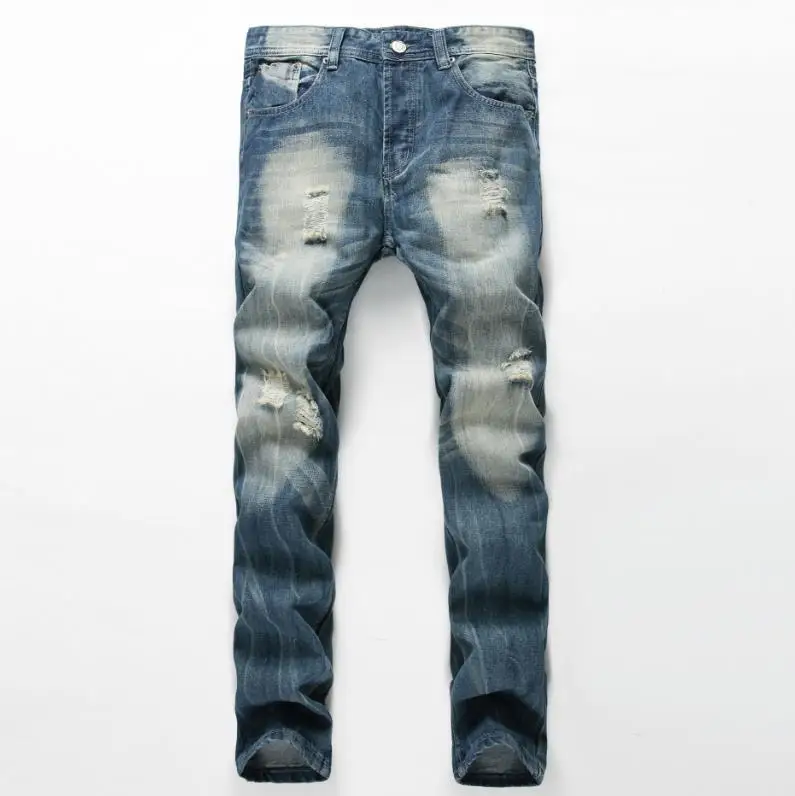 Straight Jeans Men's Washed Distressed Ripped Denim Trousers Big Szie ...