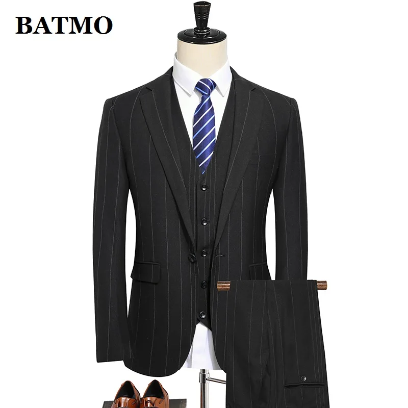 BATMO Новое поступление высококачественные мужские костюмы в полоску, Мужская Свадебная одежда, пиджак+ брюки+ жилет, 1917 - Цвет: Черный