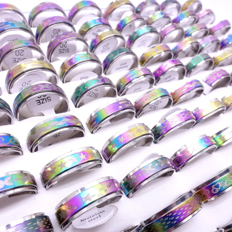 Wholesale 50pcs/Lot Mens Womens Multicolor Stainless Steel Spinner Rings Fashion Jewelry Variety of Patterns Size 17-21mm 4