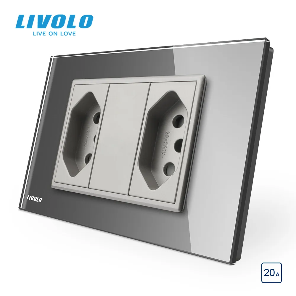 Розетка Livolo бразильская/итальянская стандартная 2 банды 3 контакта 20 А стеклянная