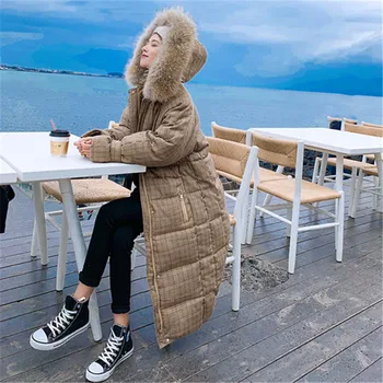 

Elegant Big Fur Collar Warm Winter Coat Women Casual Fashion Straight Long Winter Parka Cotton-padded Plaid Jacket Windbreaker