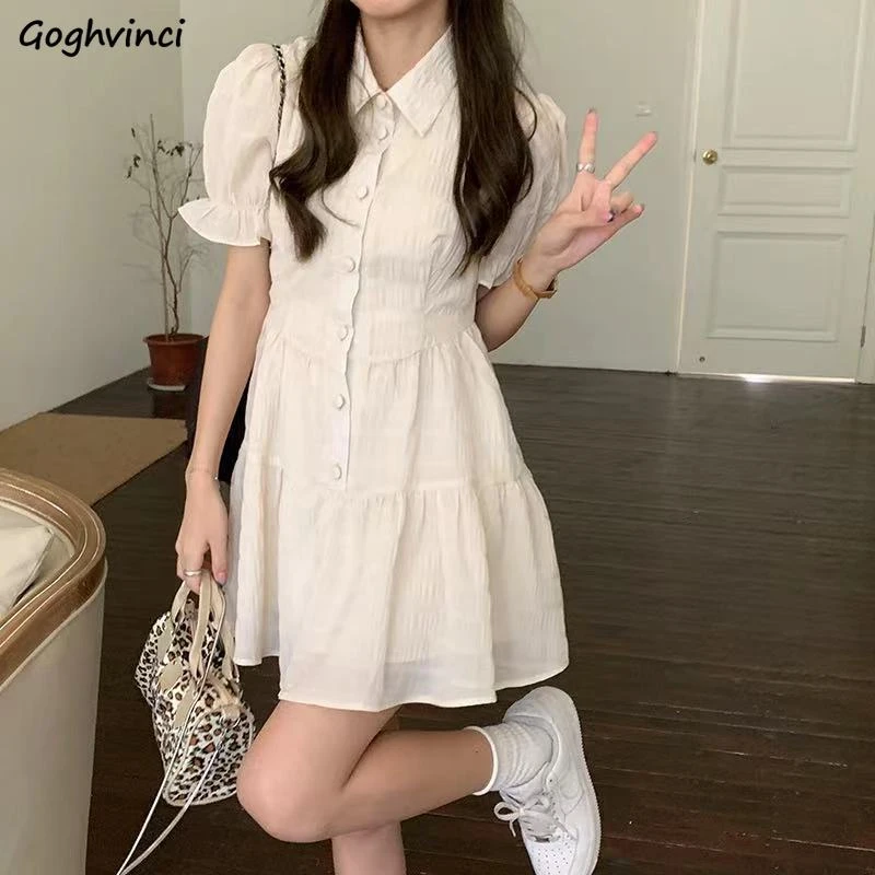 Short Petal Sleeve Dress Women Solid Simple All-match Basic Mini Single Breasted A-line Dresses Preppy Style Ins Sweet Fashion white dress