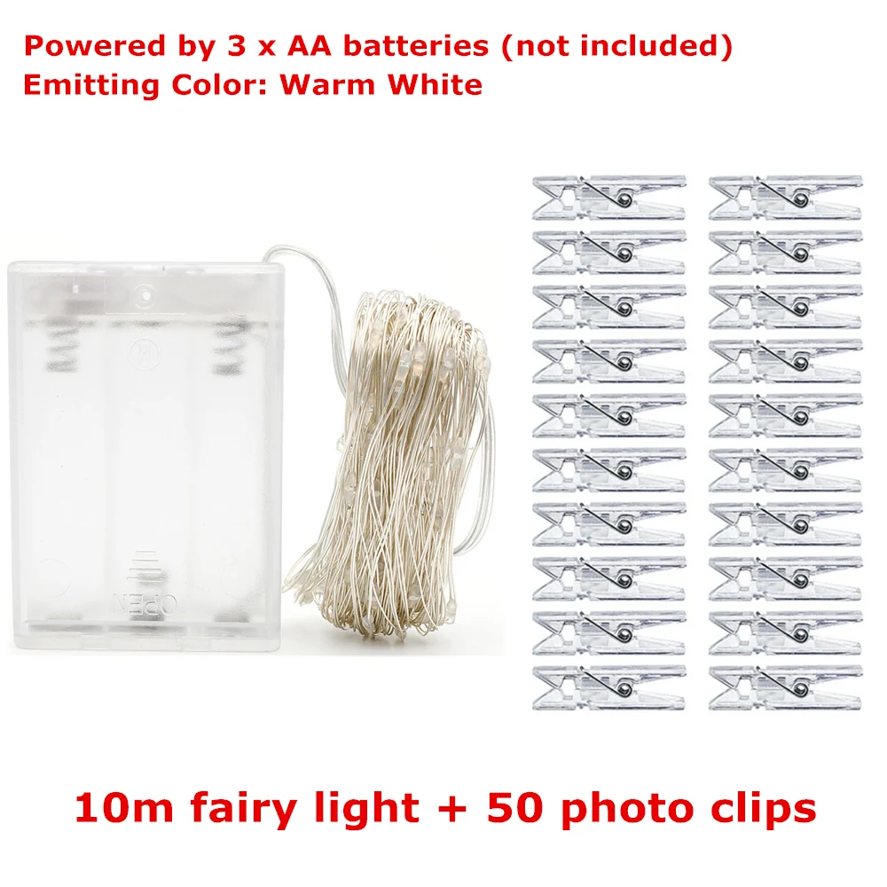 ANBLUB 1 м, 2 м, 5 м, 10 м, светодиодный зажим для фото, гирлянда, гирлянда, на батарейках, для наружной рождественской вечеринки, свадебного украшения - Испускаемый цвет: 10m and 50 clips