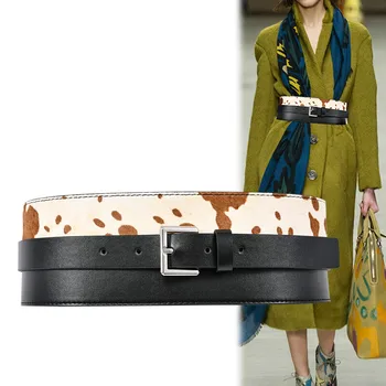 

H3500 Lady Wide Waist Belt Horse Fur Leopard Print Genuine Leather Waist Seal Female High Quality Fashion Casual Cummerbunds