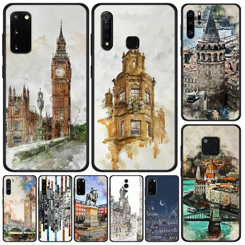 London Ink Drawing Hand Painted Watercolor Scenic Phone Case For Huawei Y6 Y7 Y9 Prime 2019 Y9s Pro Lite Nova 3 2 5T 7Se A5i | Мобильные