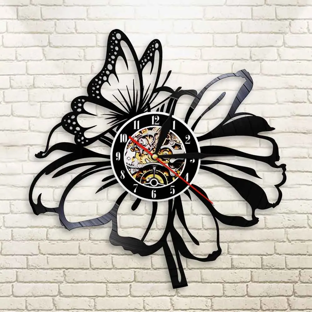 Природа бабочка цветок черный Виниловая пластинка настенные часы reloj de pared современные цветочные кварцевые часы домашний декор для гостиной спальни - Цвет: No Led
