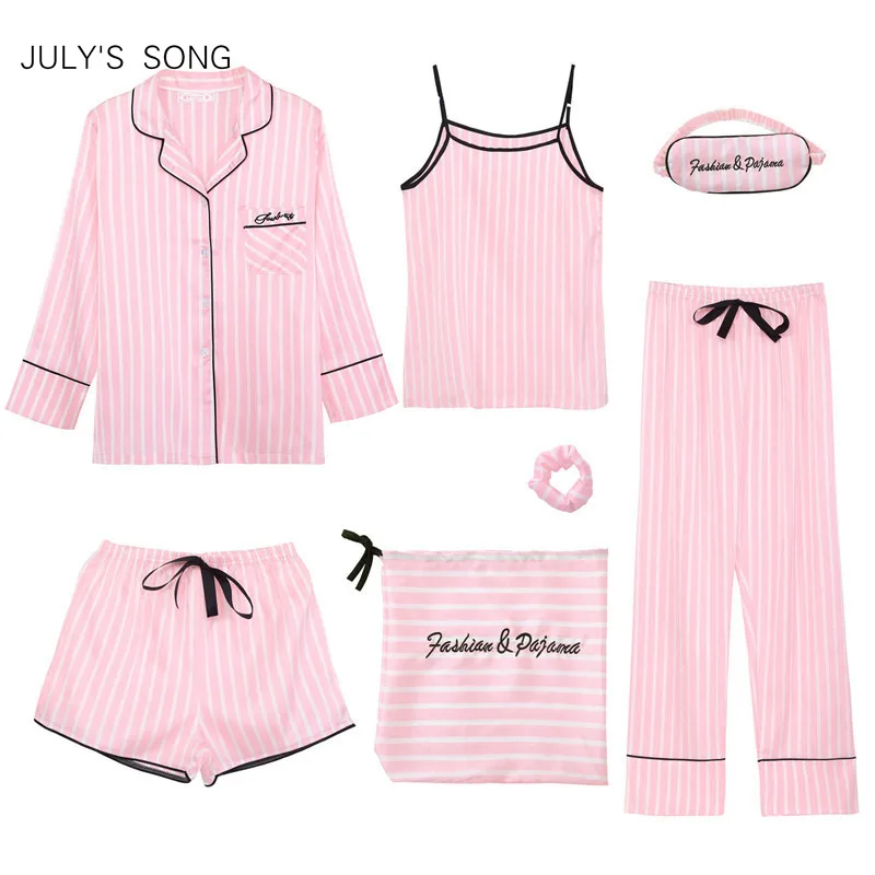 Beste July s Lied Roze Vrouwen 7 Stuks Pyjama Sets Emulatie Zijde Gestreepte Pyjama Vrouwen Nachtkleding Sets Lente Zomer Herfst Homewear