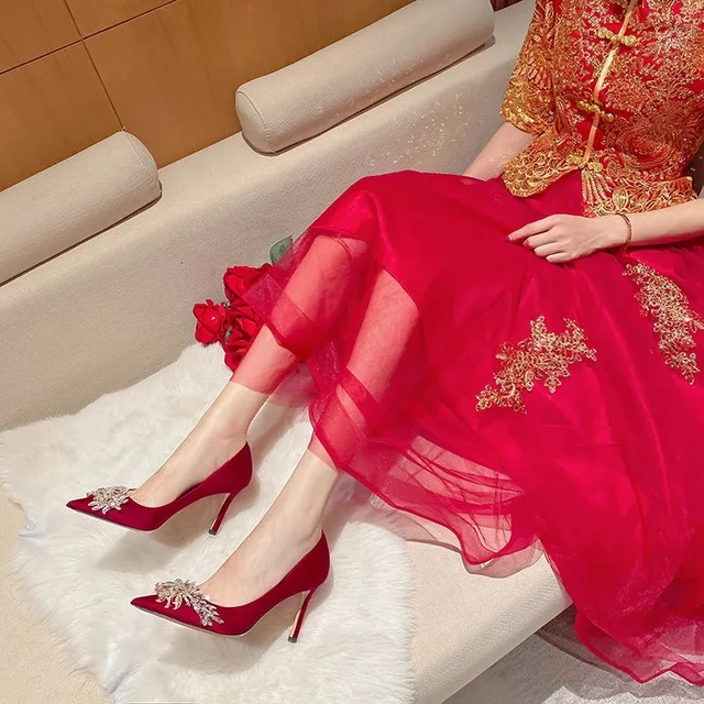 Red Heels Wedding Shoes Bride 2022 New Women Luxury Sandals Stiletto Pointed Design Ladies Wedding Party Fashion Sparkly Heels 4