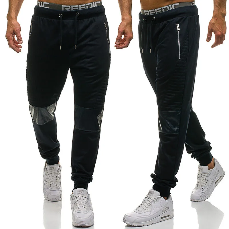 navy blue HuLooXuJi мужские джоггеры, спортивные штаны, Прошитые кожаные длинные штаны, брендовые модные брюки с эластичной резинкой на талии, размер США: M-2XL - Цвет: navy blue