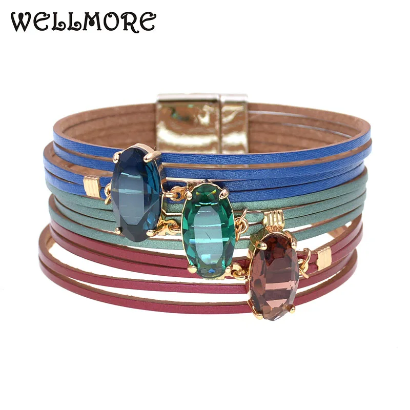WELLMORE Новый Модный женский браслет из стекла Очаровательные кожаные браслеты для
