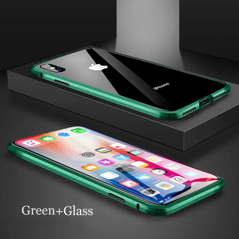 Green Металлический магнитный адсорбционный чехол для iPhone XS MAX X XR 6 6S Plus, двухсторонний Магнитный чехол из закаленного стекла для iPhone X 7 8 Plus 11 - Цвет: Green