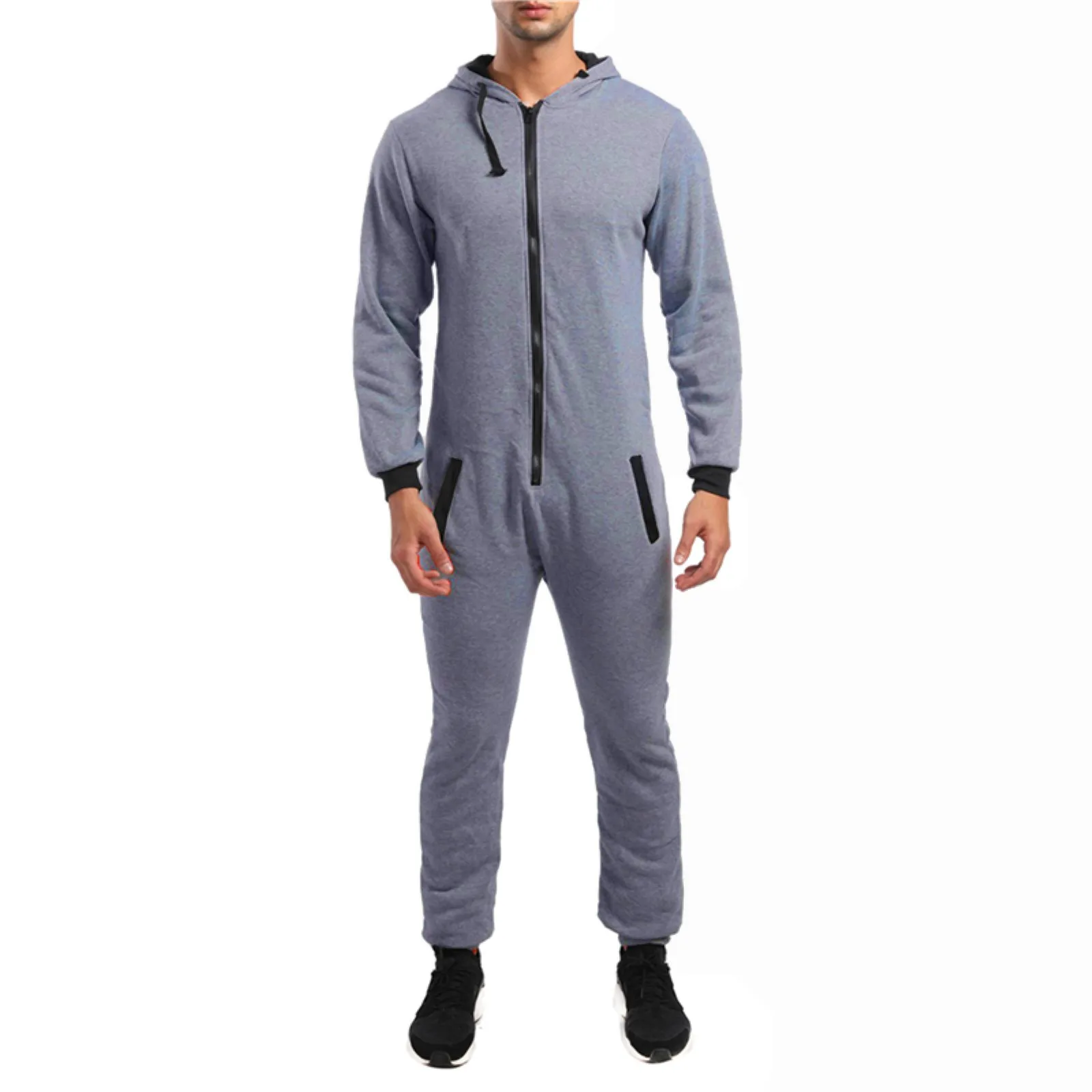 Men's Fashion Comfortable Solid Color Casual l Zipper Hood Sports One-piece Sweatshirt Pants Suit Jumpsuit pantalones hombre 2