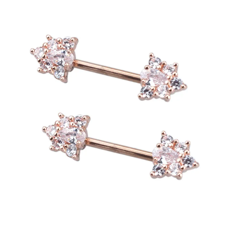 Rose Gold 1 пара 3 цвета Импорт 5А Циркон Подвеска сосок пирсинг щиты штанга 1,2*14 мм 316L наконечник из медицинской стали кольца ювелирные изделия для тела - Окраска металла: Rose Gold