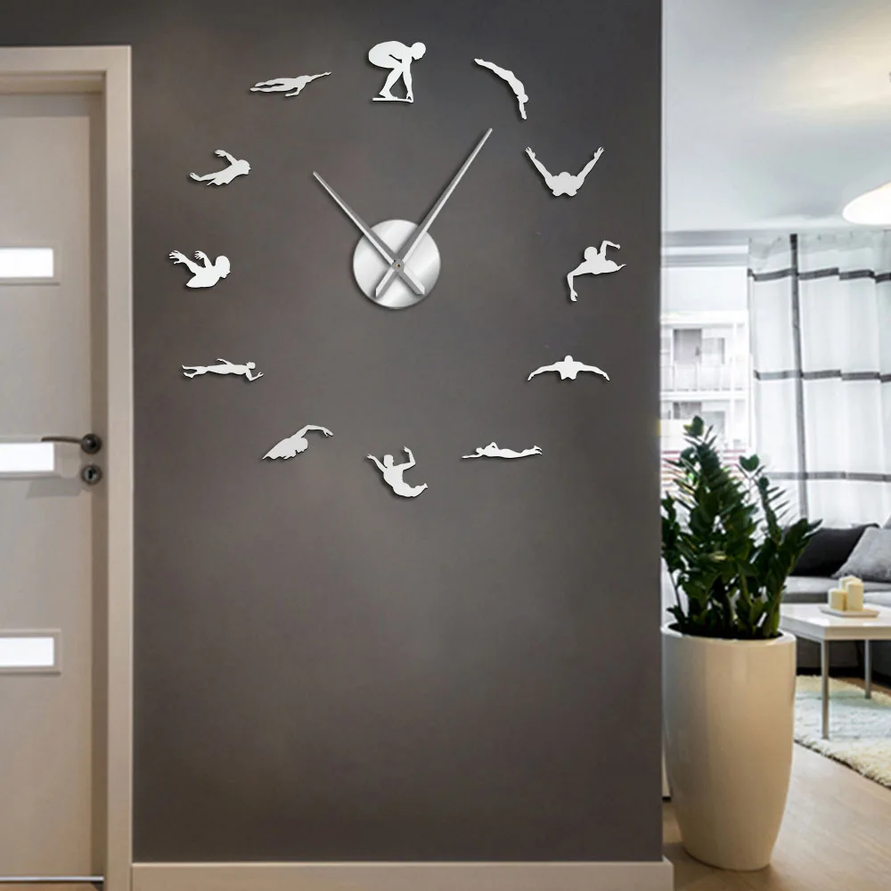 

Swimming Theme Modern DIY Large Wall Clock With Swimmer Mirror Sticker Numbers Pool Wall Art Decorative Wall Watch Swimmer Gift