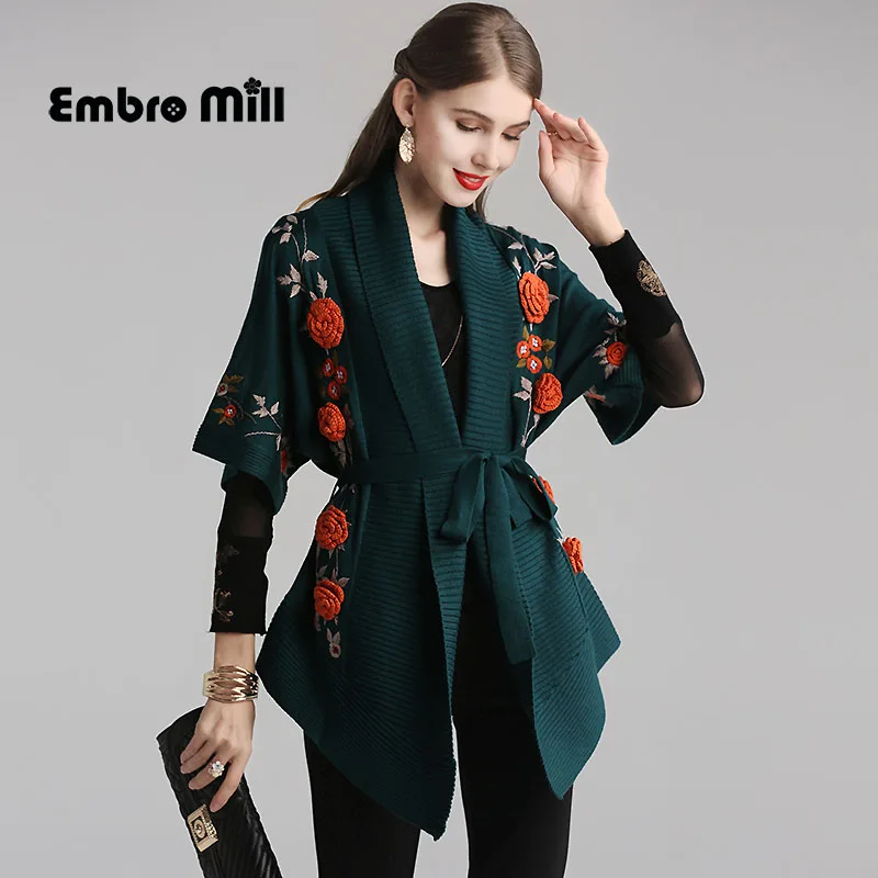 

Autumn And Winter wool knitting Coat Folk Style embroidery flower Raglan sleeve Loose elegant Open Stitch Coat plus size M-5XL