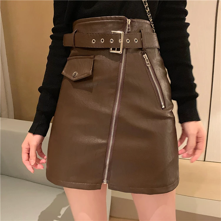 

Autumn Winter Vintage Midi Skirts High Waist Black Zipper Pu Leather Wrap Sexy A-line Skirts With Belt Office Lady 2019
