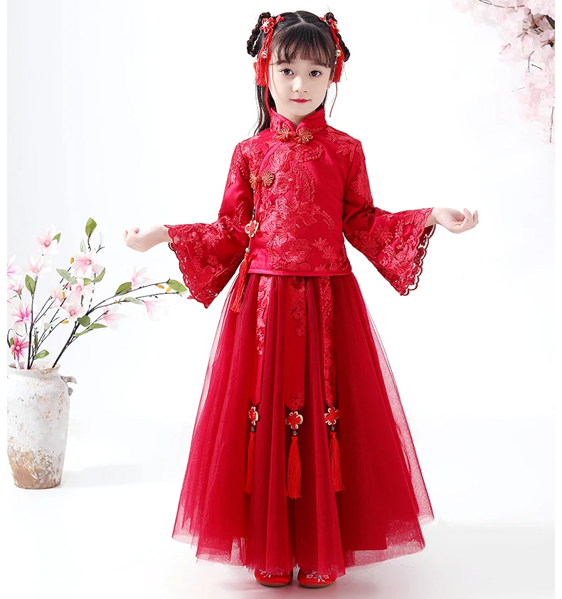 Платье для девочек с длинными рукавами; одежда для маленьких девочек; Детские платья для девочек; кружевная детская одежда с вышитыми цветами для дня рождения; повседневная одежда - Цвет: red