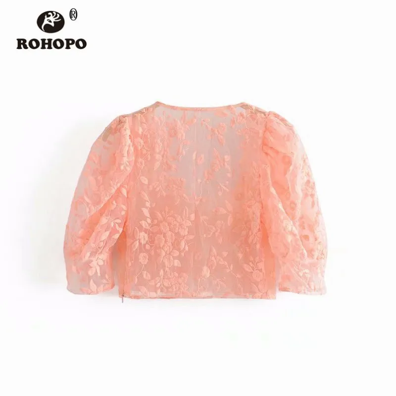  ROHOPO Tulle Embroidery Floral Crop Pink Blouse Square Collar Pullover Transparent Mesh Chic Ladies