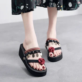 

Bohemian Flower Slippers Summer Sandalias Non-slip Beach Shoes Flower Slipper High Heel Sandals Wooden Beads Slipper Shoes Woman