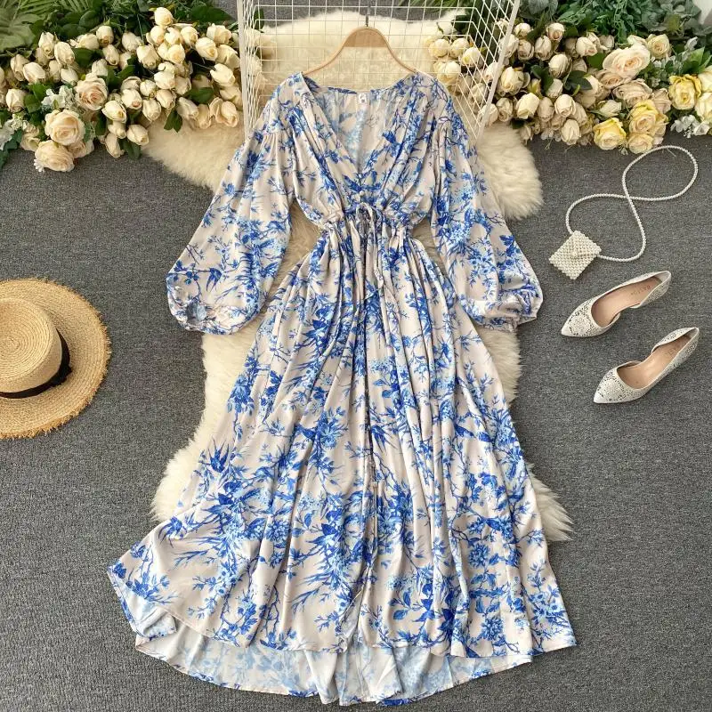 Lady New Fashion Print Autumn Dress Draw Rope Thin Long Sleeve Women V Neck Elegant Vintage Vestidos Mujer J25