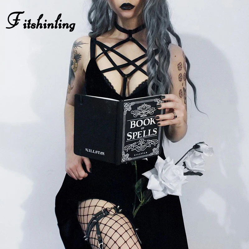 Fitshinling Grunge Goth одноцветное осеннее платье мягкое Открытое Харадзюку с открытой