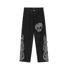 Ropa de calle oscura para hombres, pantalones vaqueros con bordado de calavera Punk Vintage, pantalones vaqueros holgados de retales Hip Hop negros, ropa gótica, 2021