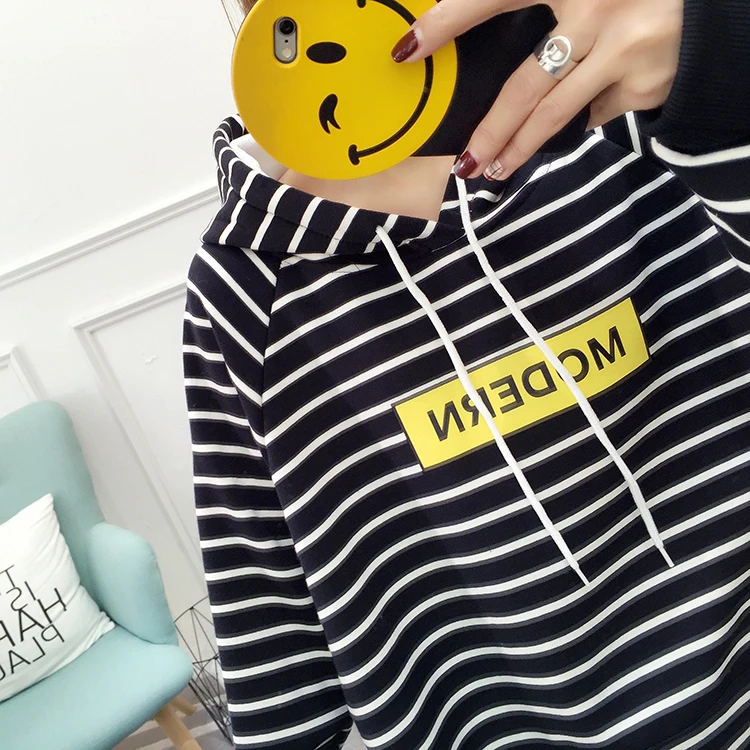 HAYBLST бренд женские толстовки осень зима мода полосатый пэчворк Kawaii Свободные топы Плюс Размер korean Корейская утепленная одежда