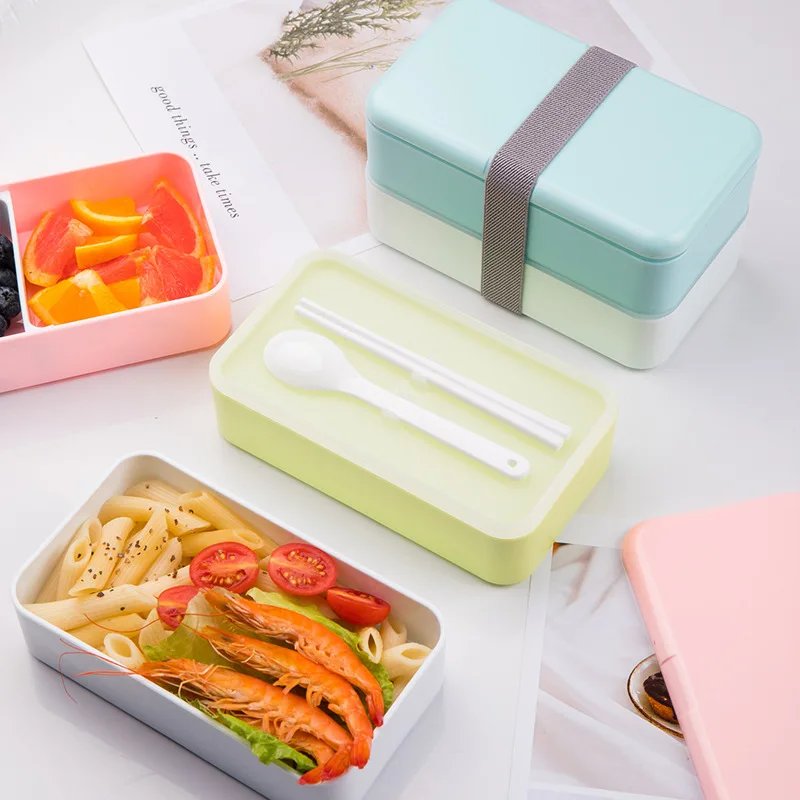 

Japanese Style Square Double Layer Plastic Container Portable with Tableware Student Lunch Box Candy-Colored Microwave Lunch Box