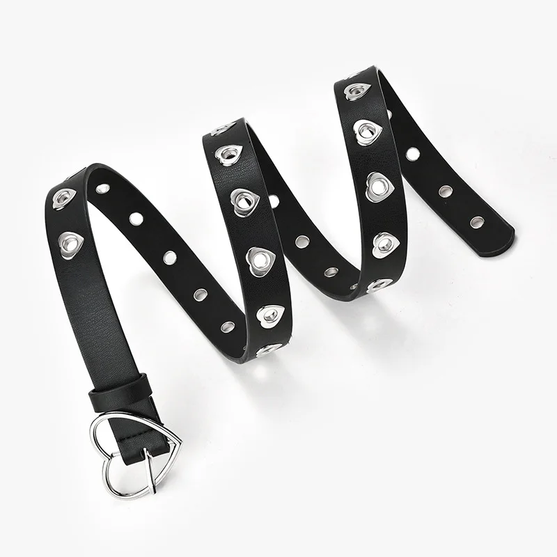 Women Belt Fashion Leather Punk Belt with Adjustable Love Heart Holes Luxury Designer Buckle Belt for Dress Jeans Cool Boy Girl