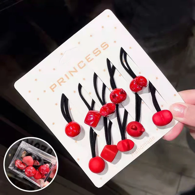 10 pcs Children's Headband Headwear Heart Hair Korean Version Cartoon Girl Rubber Band Sweet Cute Hair Tie Hair Accessories Red