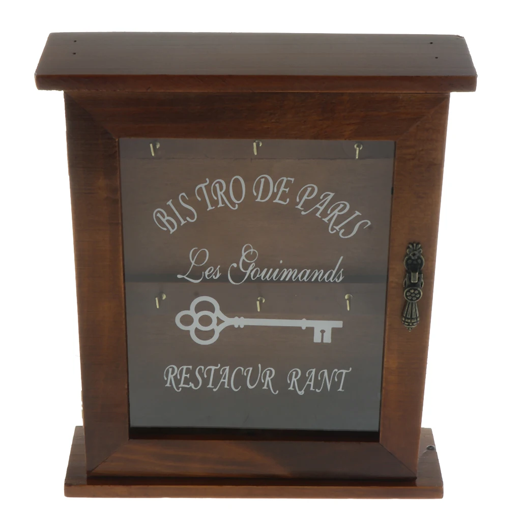 Pastoral Style Key Cabinet Wooden Key Holder Box Decorative Key Rack with 6 Hooks, 21x6x25cm