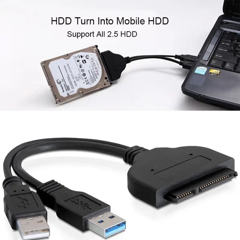 1Pcs Black Light Pin Adapter Cable USB 2.0 To SATA 7+15 22 For 2.5" Hard Drive With Power Cord | Электроника