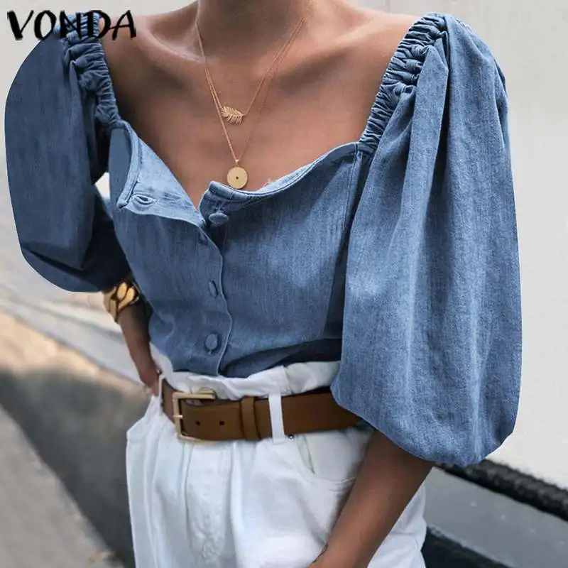 Demin Blouse Women Tops Summer Ladies Tops Vintage Square Collar Lantern Sleeve Shirts VONDA 2020 Casual Tunic Plus Size Blusa - 4.00048E+12