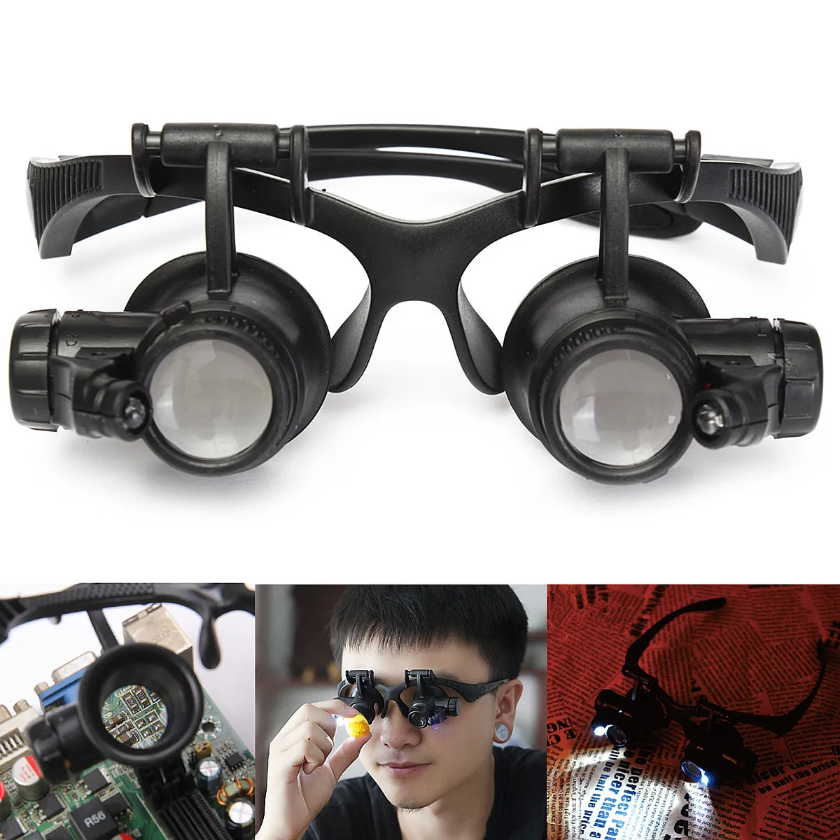 

Changable Lens Magnifier Loupe Glasses Lens 10X 15X 20X 25X LED Magnifier Loupe Glasses Double Eye Jewelry Watch Repairing Tools