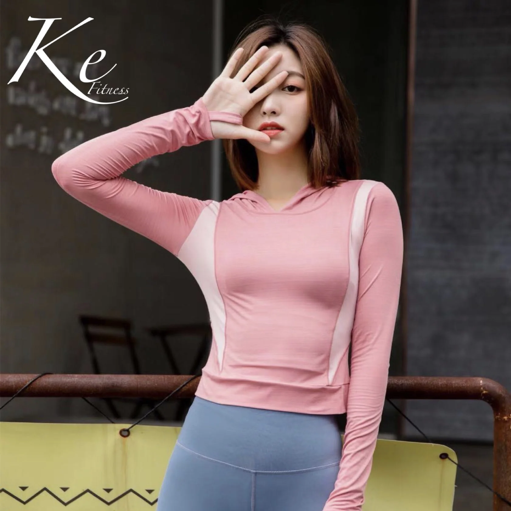 

KE gray pink sports hooded fitness shirt female Slim quick-drying thin mesh stitching running yoga long sleeve
