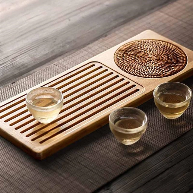 Solid Bamboo Wood Tea Tray Rattan Mat Rectangle Serving Table Plate Storage Dish for Hotel Tea Plate Accessories Saucer 1