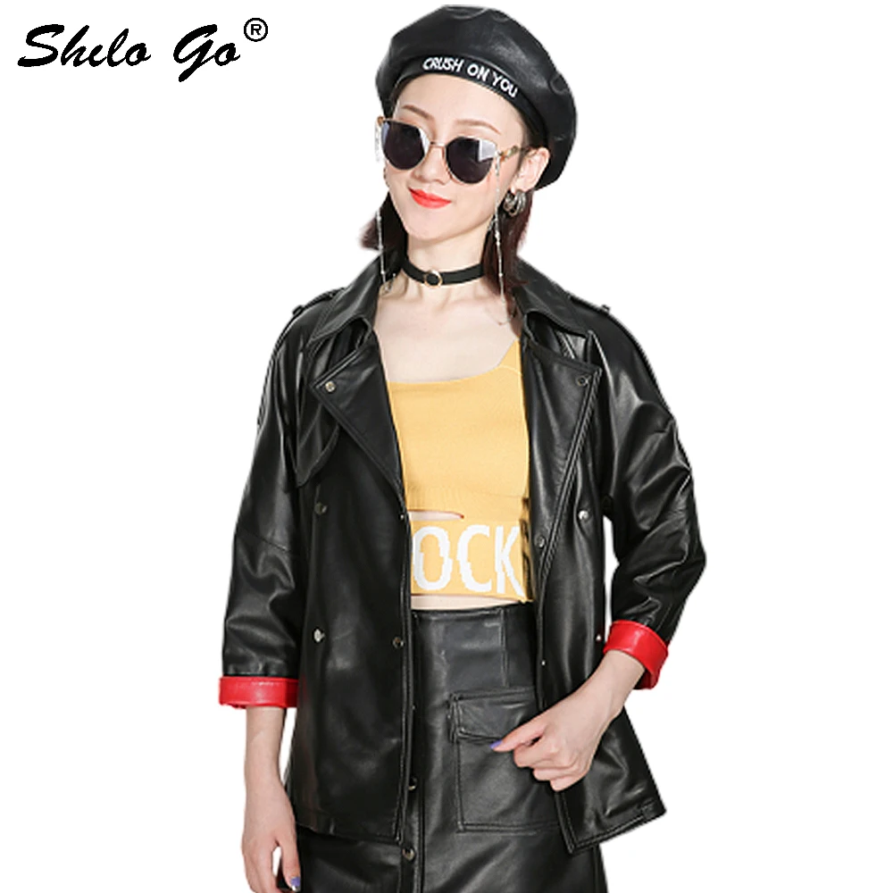 

Genuine Leather Blazer Office Lady Notched Neck Color Block Red Panel Red Cuff Detail Sheepskin Coat Women Autumn Casual Outwear