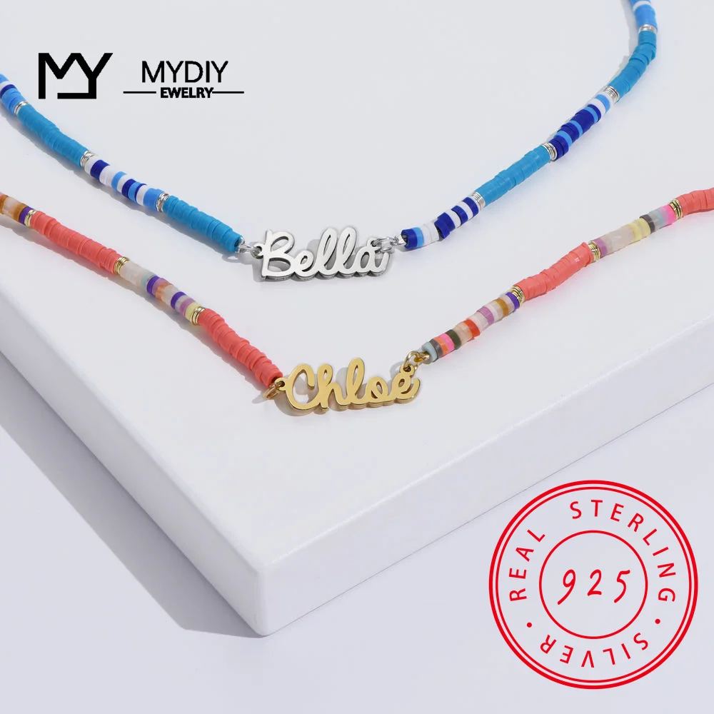 925 Silver Personalize Fimo Beads Name Necklace Rainbow Children Necklace Handmade Necklaces For Clothing Accessories for Women