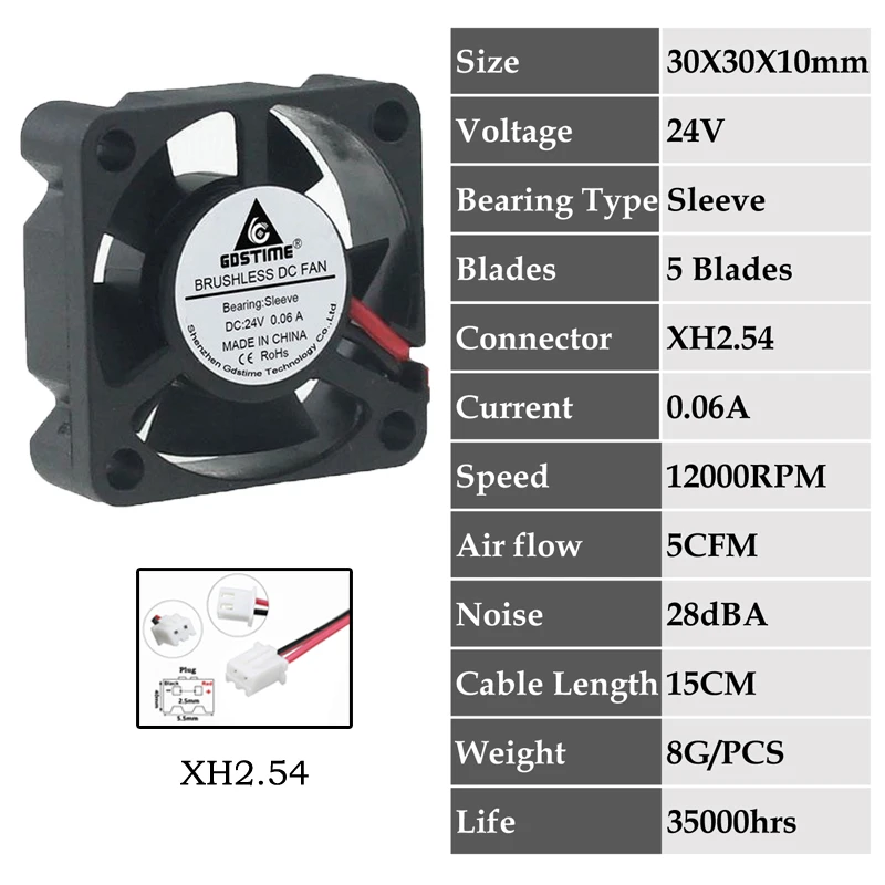 0.06A3010S24V2P2.54 5 шт. Gdstime DC 24 в 12 В 5 в 3 см 30x30x10 мм 2Pin шарикоподшипник портативный вентилятор охлаждения Dupont 2,54 2,0 30 мм x 10 мм охладитель 3010 - Цвет лезвия: 0.06A3010S24V2P2.54