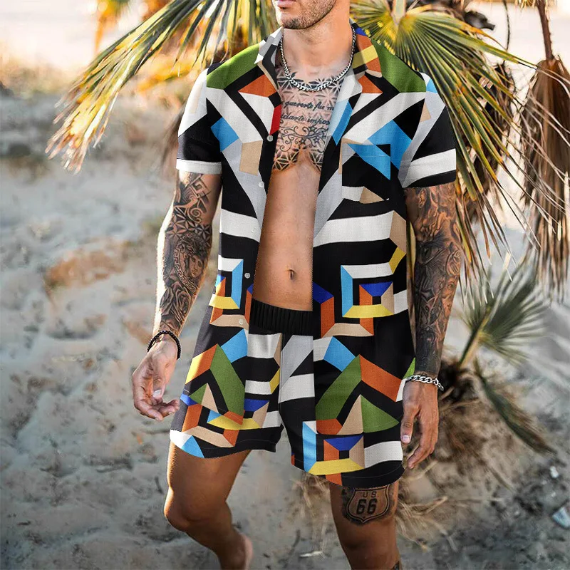 Beach Suit Men's Printing Short Sleeves Shirts Loose T-shirt Suits Youth Drawstring Shorts Suits Men Two Piece Set Summer