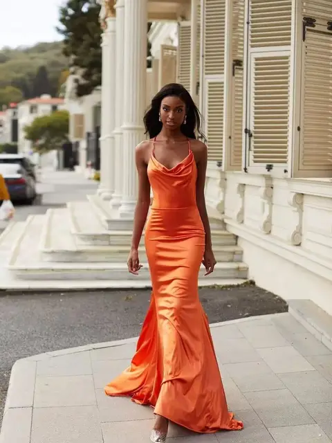 Vestidos de Fiesta naranja para graduación, vestido de noche satén largo de sirena con tirantes finos, fruncido, cuello redondo, tren de barrido, 2021|Vestidos graduación| - AliExpress